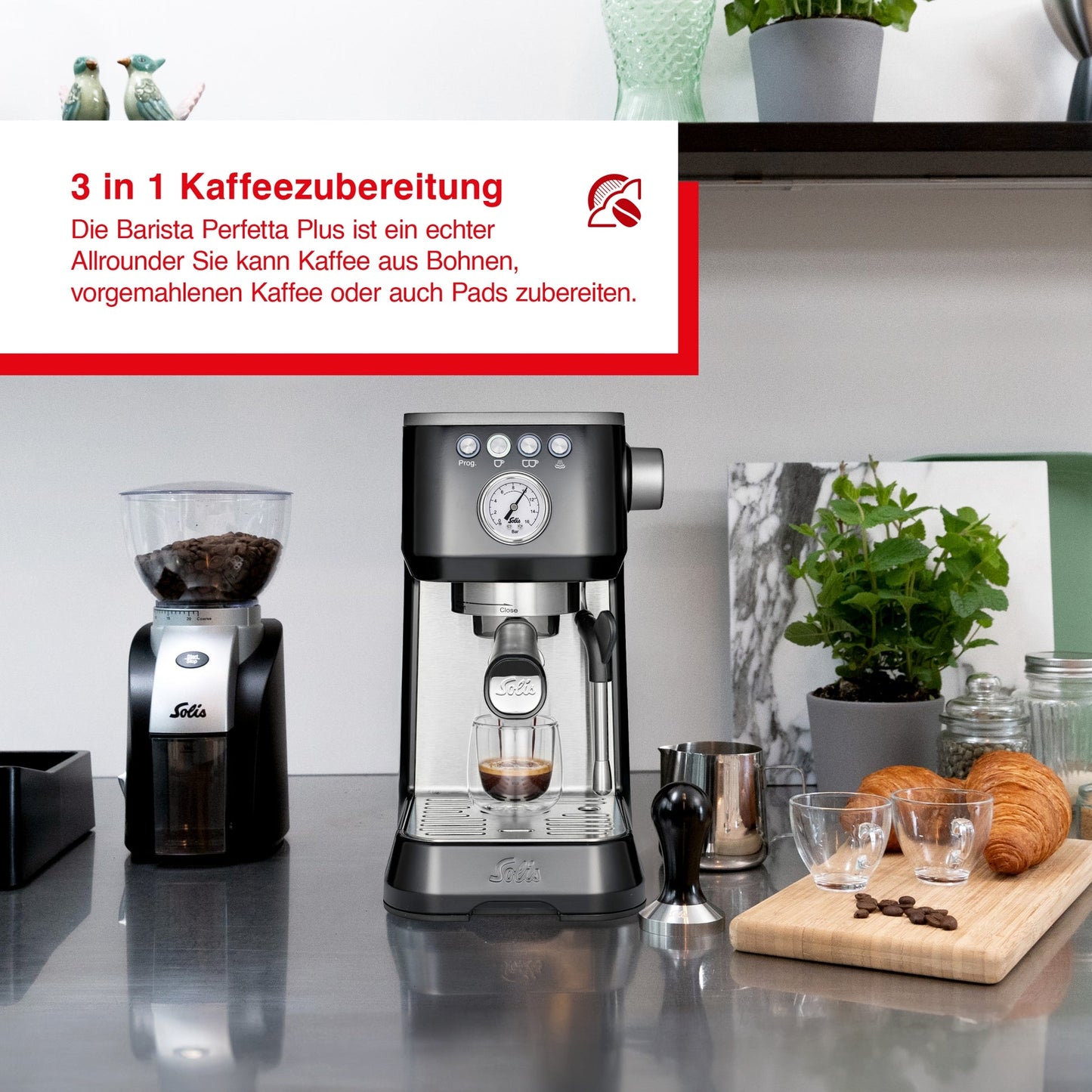 Solis Barista Perfetta Plus Schwarz – 3-in-1 Kaffeemaschine für Bohnen, Kaffeepulver und Pads