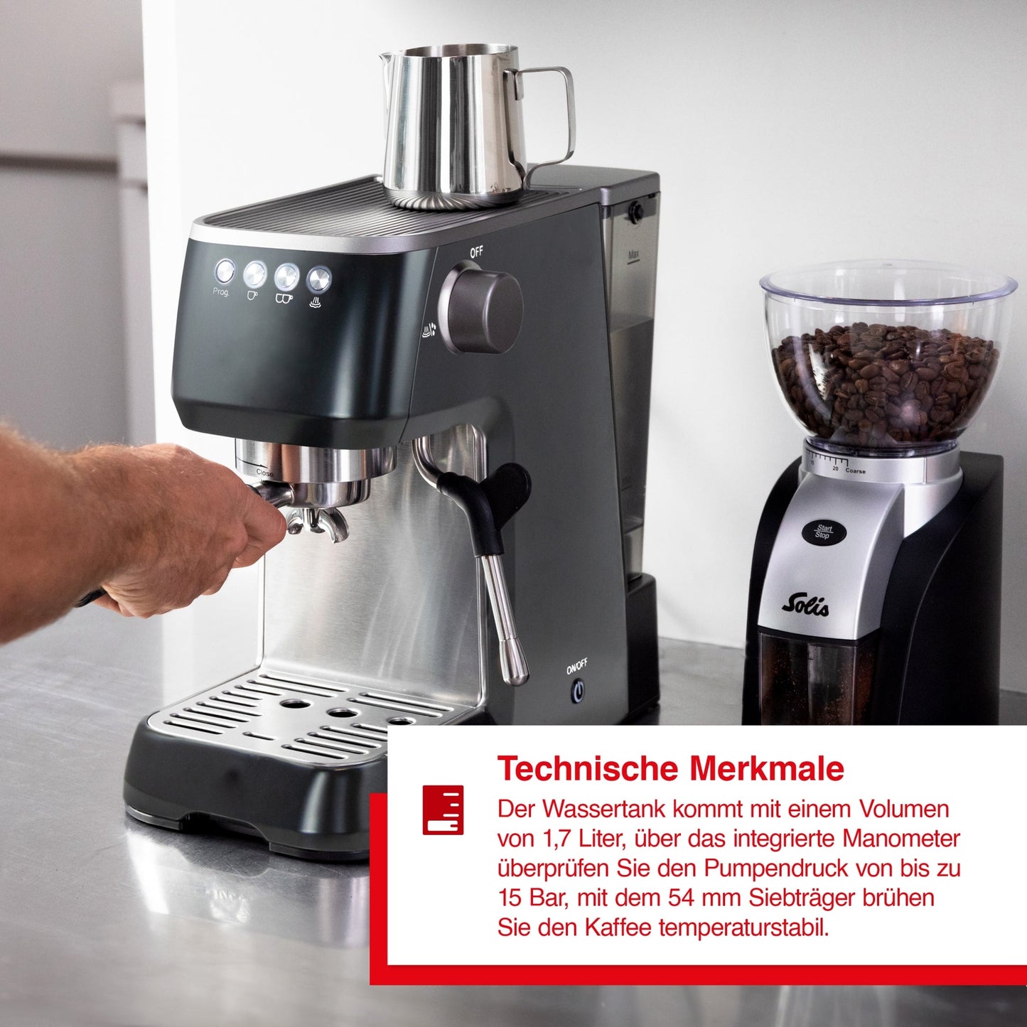 Solis Barista Perfetta Plus Schwarz mit 1,7 l Wassertank, 15 Bar Pumpendruck und 54 mm Siebträger