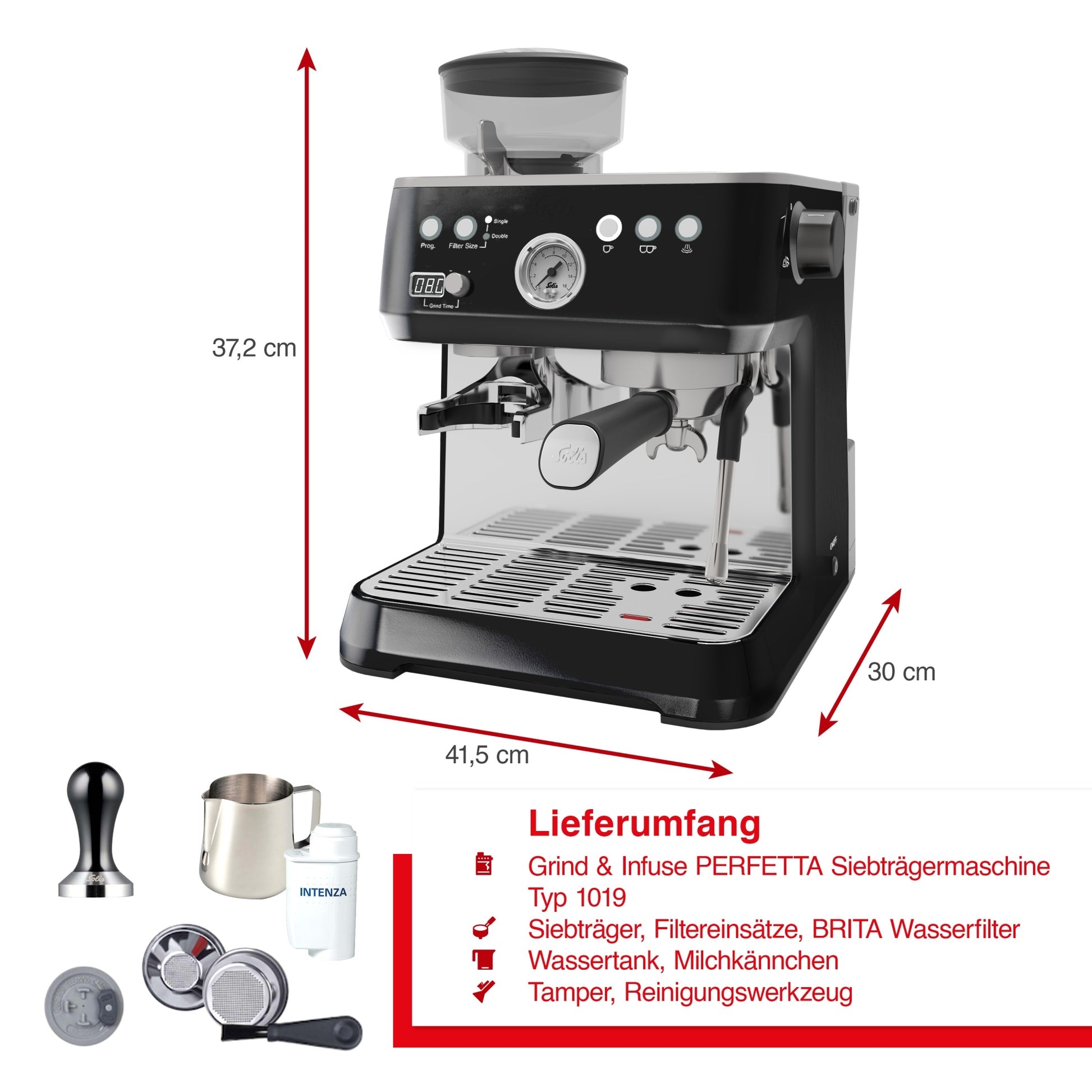 Solis Grind & Infuse Perfetta Espressomaschine Schwarz mit Zubehör wie Siebträger, BRITA Wasserfilter, Milchkännchen und Tamper