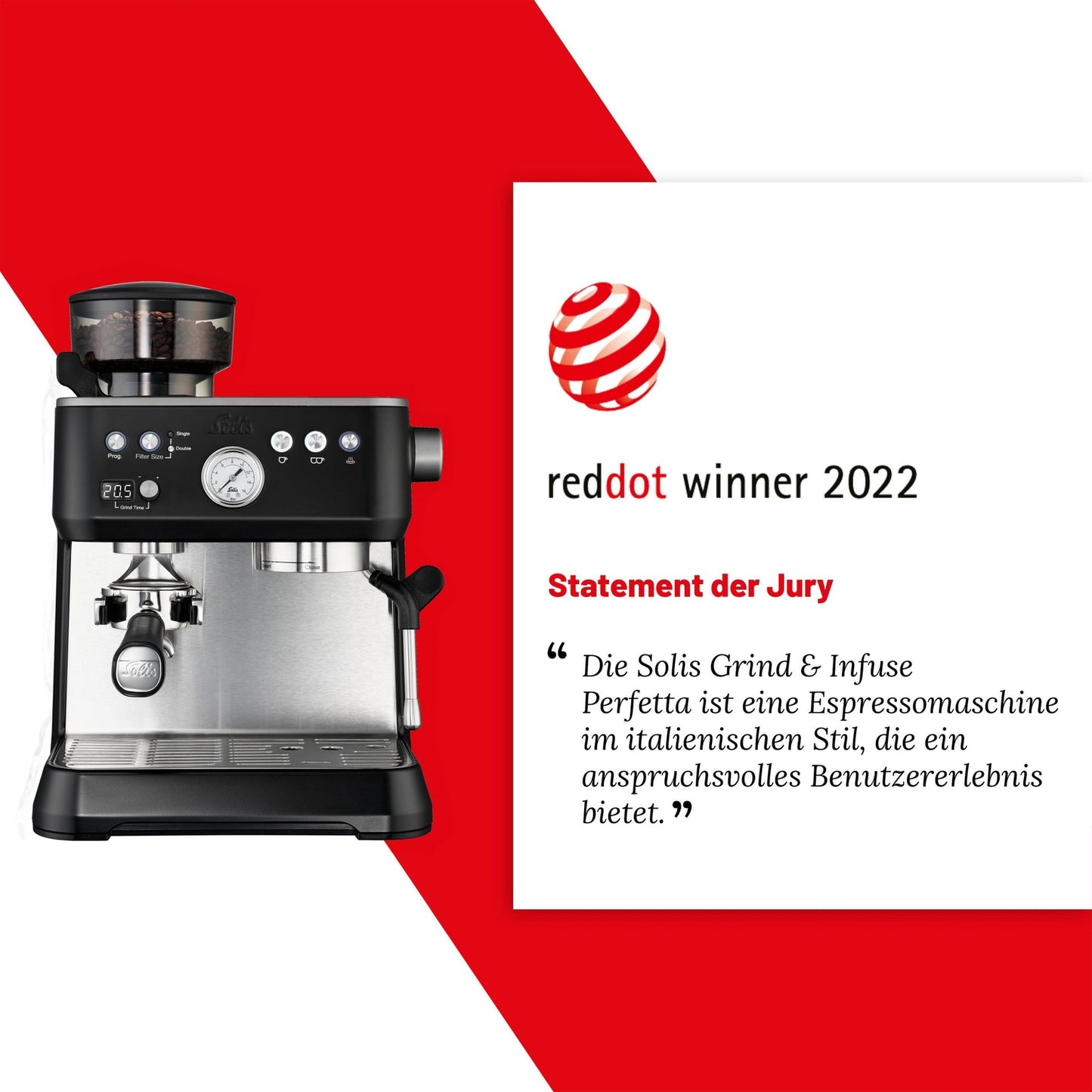 Solis Grind & Infuse Perfetta Espressomaschine Schwarz – Red Dot Design Award Gewinner 2022