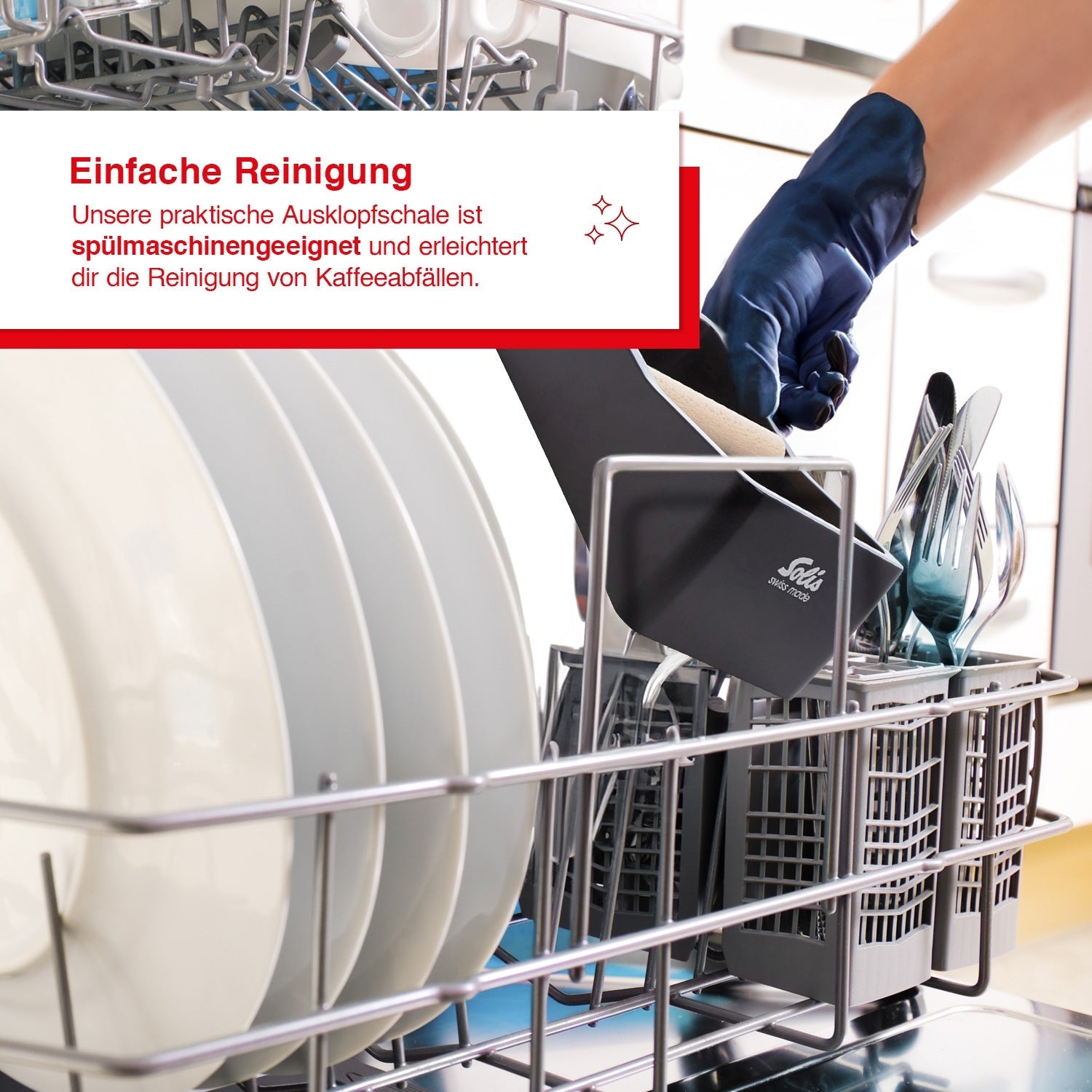 Solis Ausklopfschale in der Spülmaschine – erleichtert die Reinigung von Kaffeeabfällen.