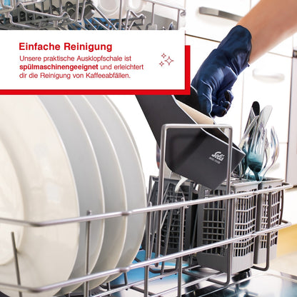 Solis Ausklopfschale in der Spülmaschine – erleichtert die Reinigung von Kaffeeabfällen.
