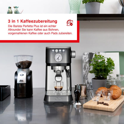 Solis Barista Perfetta Plus Schwarz – 3-in-1 Kaffeemaschine für Bohnen, Kaffeepulver und Pads