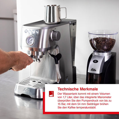 Solis Barista Perfetta Plus Silber mit 1,7 l Wassertank, 15 Bar Pumpendruck und 54 mm Siebträger