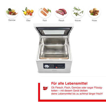 Solis Chamber Vac Pro geeignet für Fleisch, Fisch, Gemüse, Obst, Kräuter und Nüsse mit Puls-Vakuumfunktion.