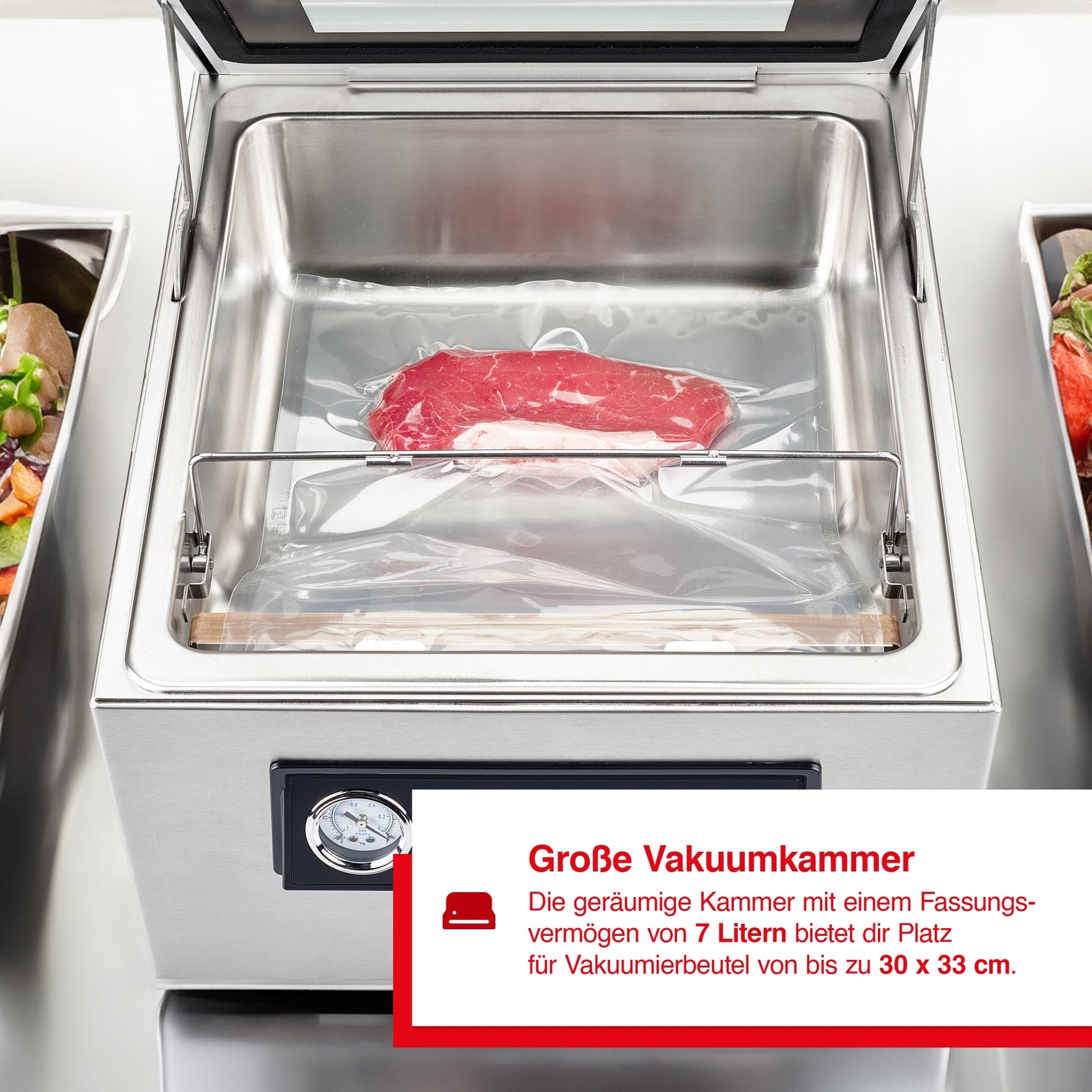 Große 7-Liter-Kammer des Solis Chamber Vac Pro für Vakuumbeutel bis 30 x 33 cm.