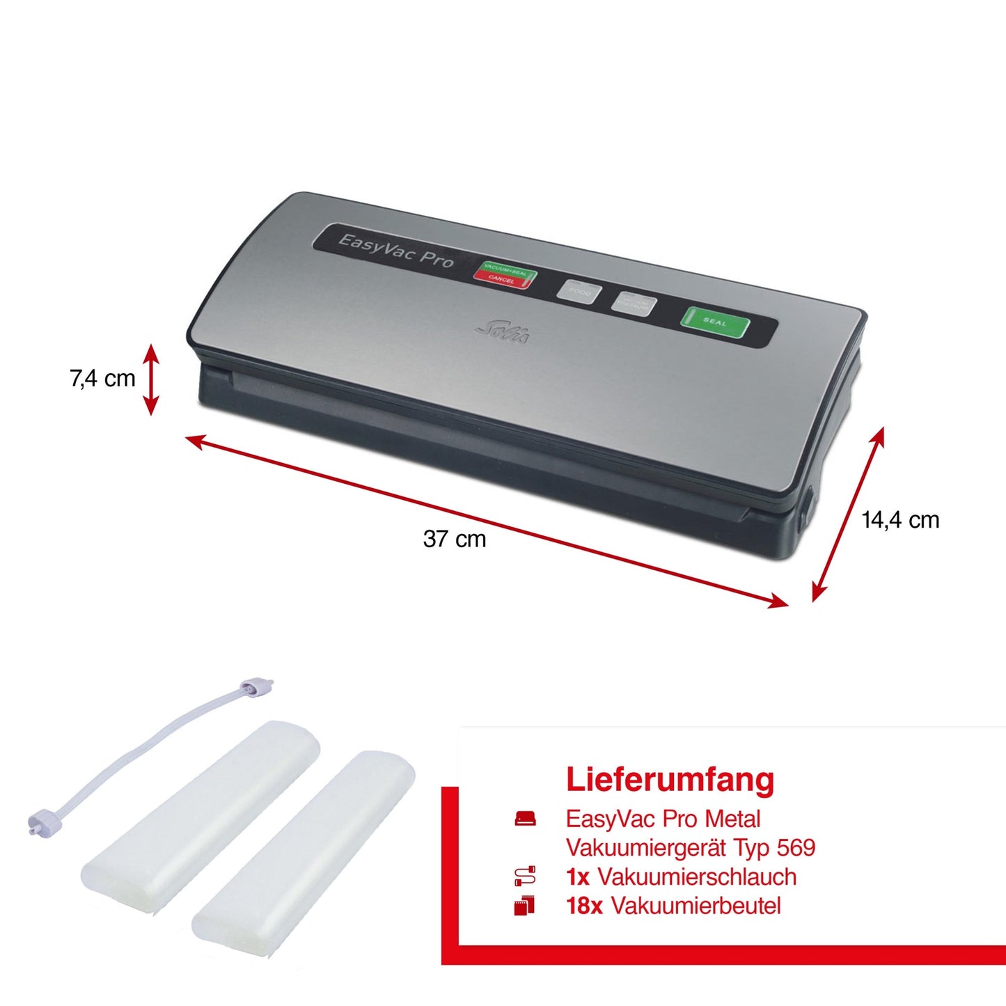 Abmessungen des Solis EasyVac Pro Silber mit Vakuumierschlauch und Beuteln