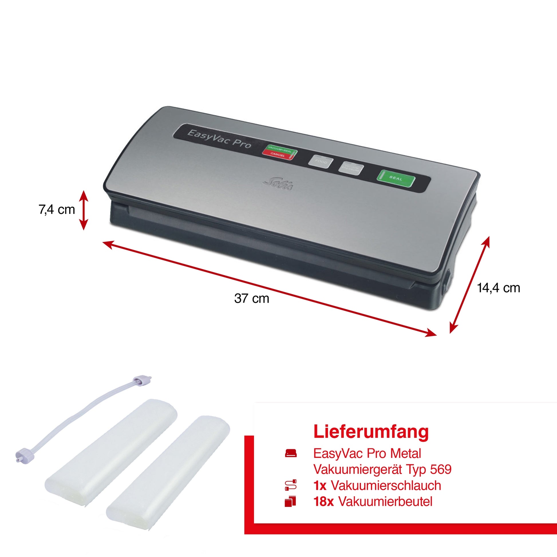 Abmessungen des Solis EasyVac Pro Silber mit Vakuumierschlauch und Beuteln