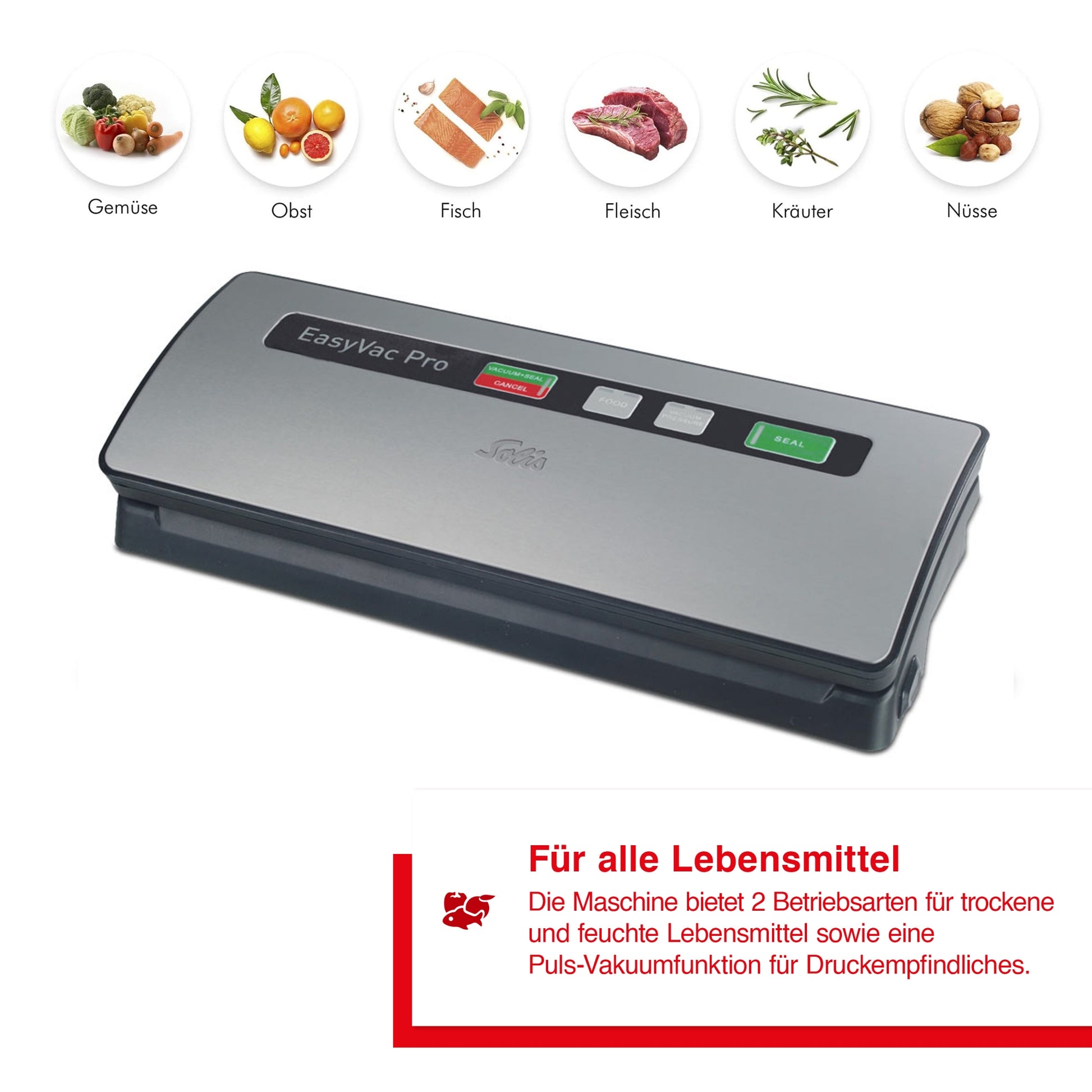 Solis EasyVac Pro Silber geeignet für alle Lebensmittel – Gemüse, Obst, Fisch, Fleisch, Kräuter und Nüsse