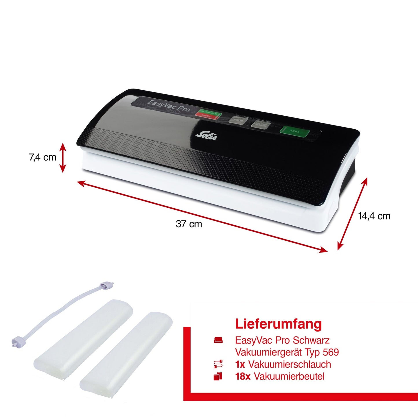 Abmessungen des Solis EasyVac Pro Vakuumiergeräts mit Zubehör