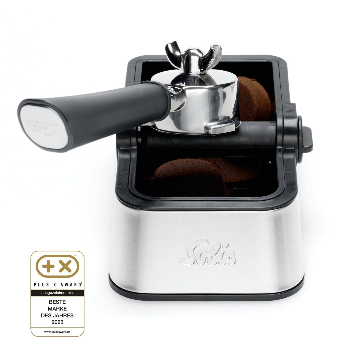 Solis Perfetta Ausklopfschale mit Siebträger und Plus X Award 2025 Logo
