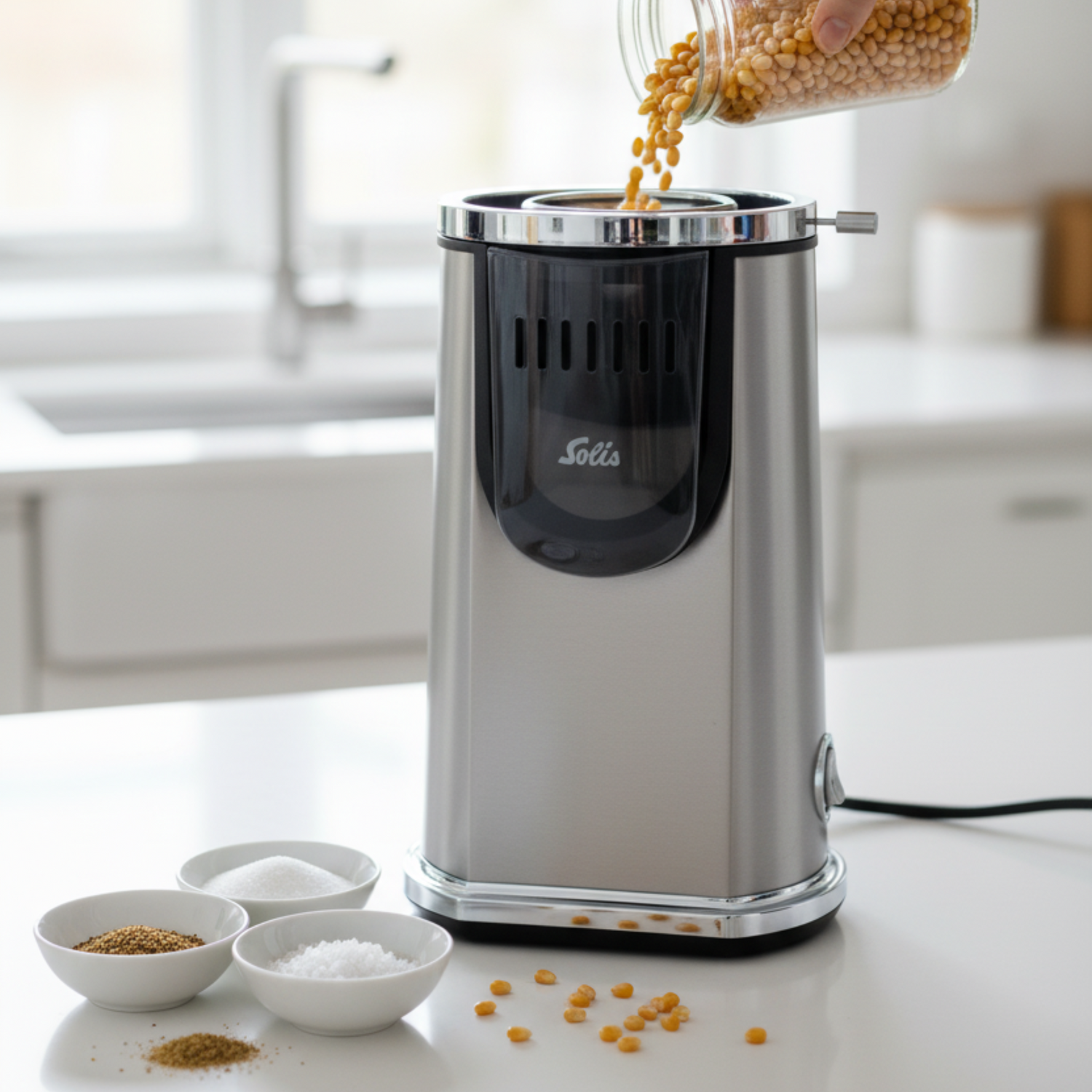 Solis Pop & Fun Popcornmaschine aus Edelstahl in einer Küche, Maiskörner werden eingefüllt, Gewürze und Salzschalen daneben