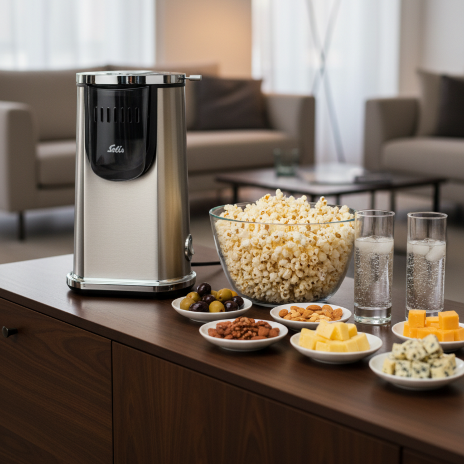Solis Pop & Fun Popcornmaschine aus Edelstahl auf einem Holztisch, daneben eine Schüssel mit frisch zubereitetem Popcorn