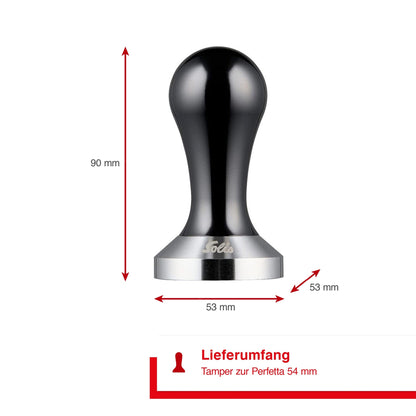 Solis 54-mm-Kaffeetamper mit 90 mm Höhe und Edelstahlfuß, Abmessungen dargestellt.