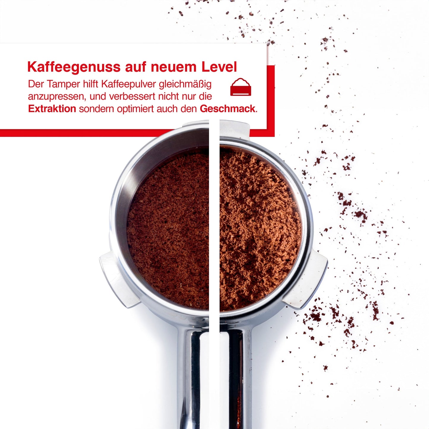 Vorher-nachher-Vergleich mit gleichmäßigem Andrücken für bessere Kaffeeextraktion mit Solis Tamper.