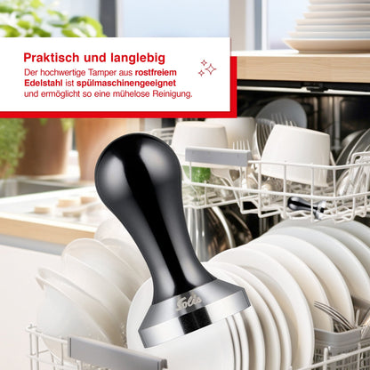 Solis Tamper aus Edelstahl in der Spülmaschine, leicht zu reinigen und langlebig.