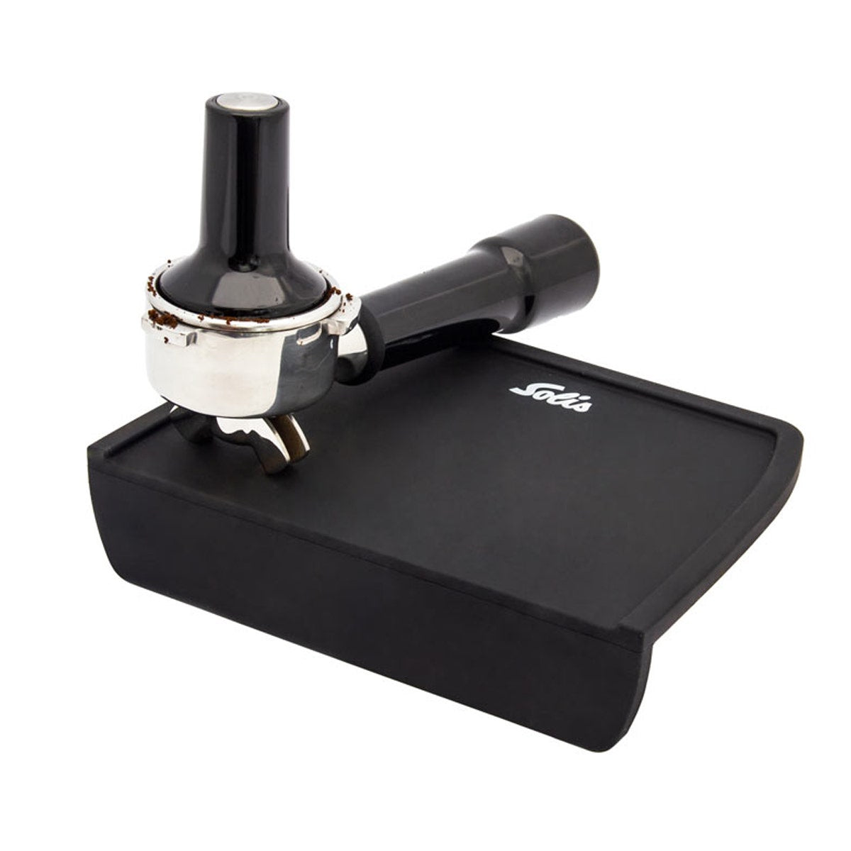 Nahaufnahme der Solis Tampingmatte mit Tamper und Siebträger