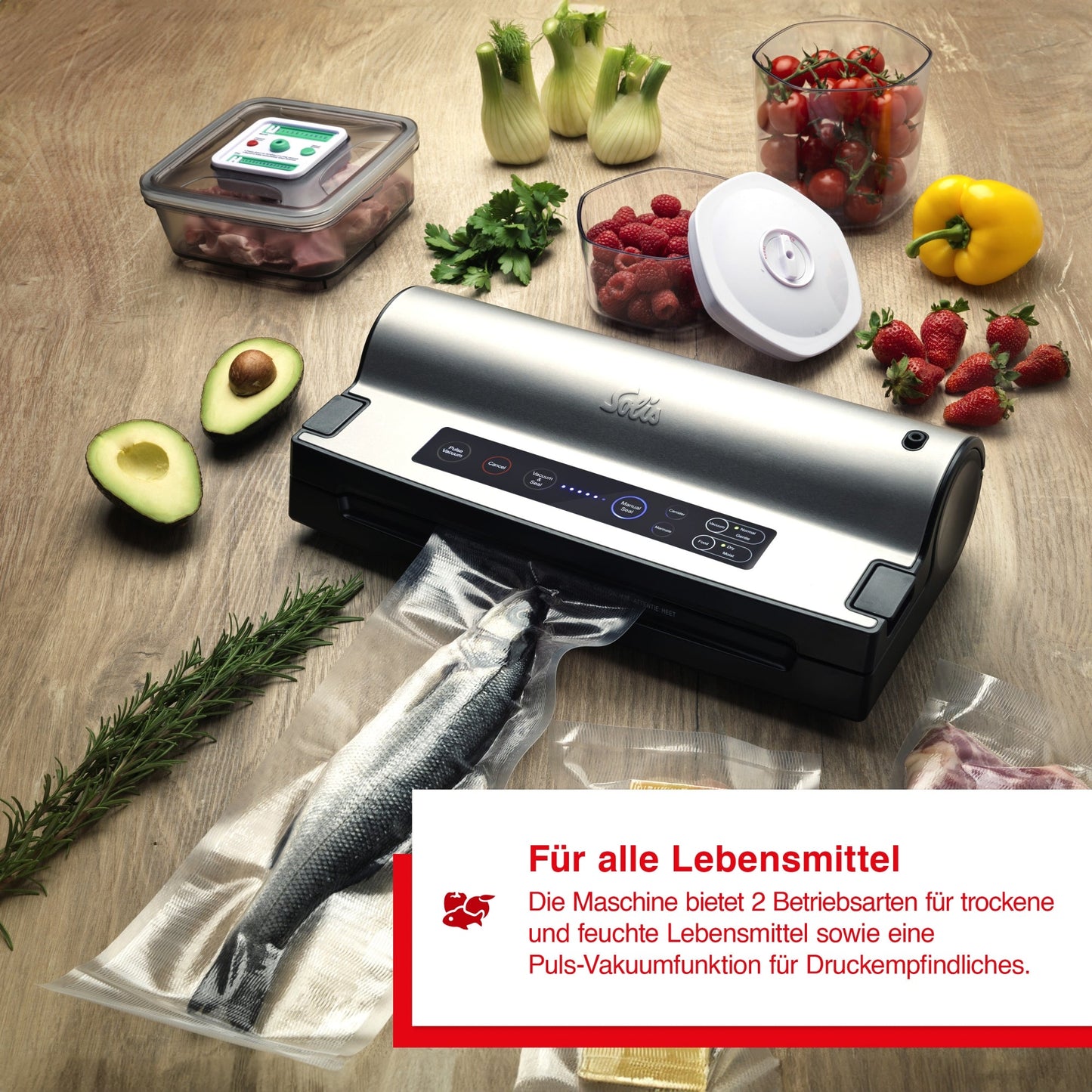 Solis Vakuumierer verschweißt frischen Fisch – geeignet für trockene und feuchte Lebensmittel